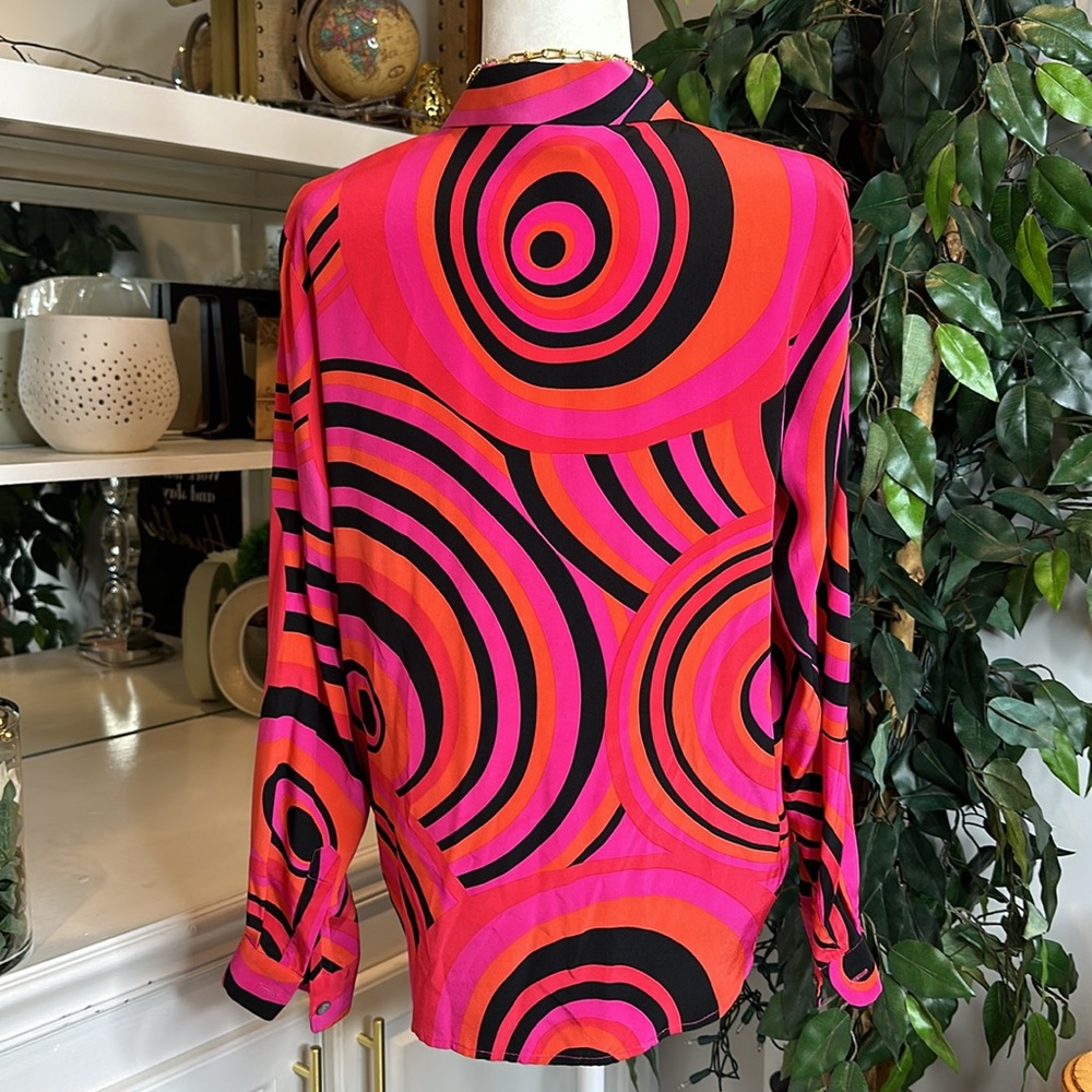 EUC Studio G 100% Silk Retro Style Pink/Blk/Orange Button Down Shirt, 8 - Picture 3 of 7